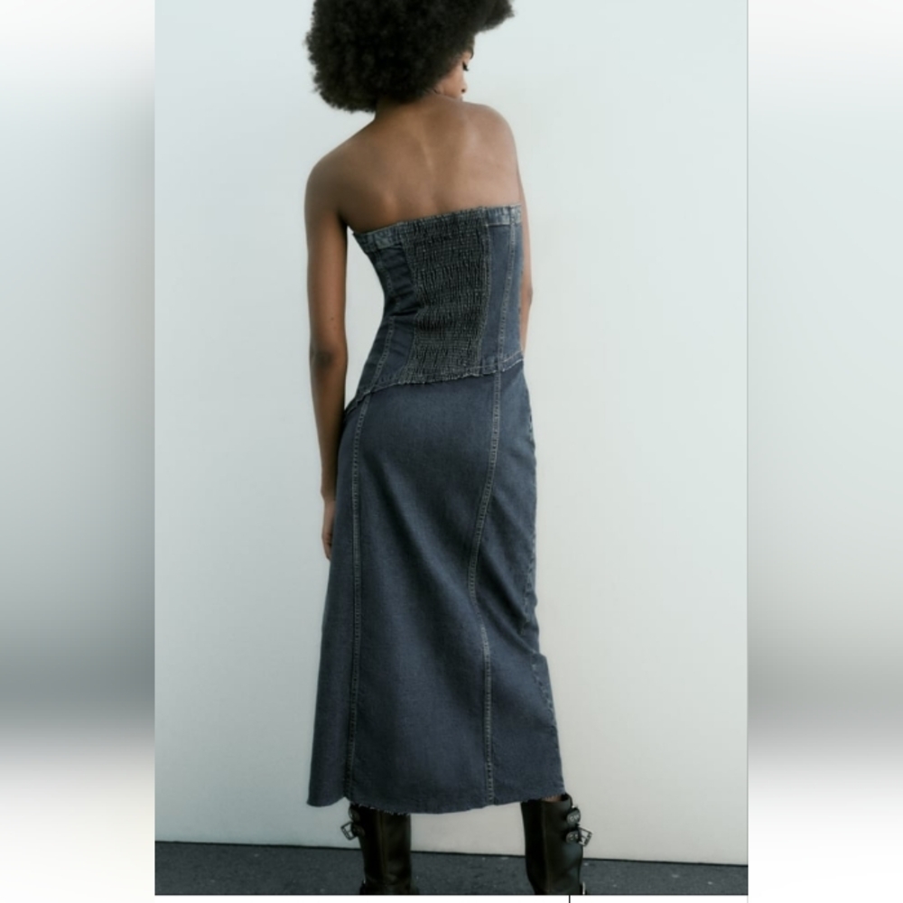 Zara Strapless Dark Gray Denim Midi Dress - Picture 4 of 12